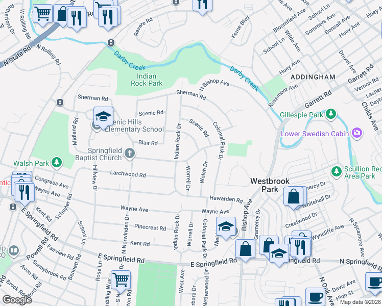 map of restaurants, bars, coffee shops, grocery stores, and more near 533 Valley View Road in Springfield