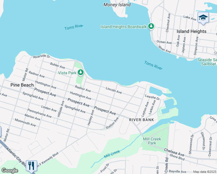 map of restaurants, bars, coffee shops, grocery stores, and more near 814 Lincoln Avenue in Pine Beach