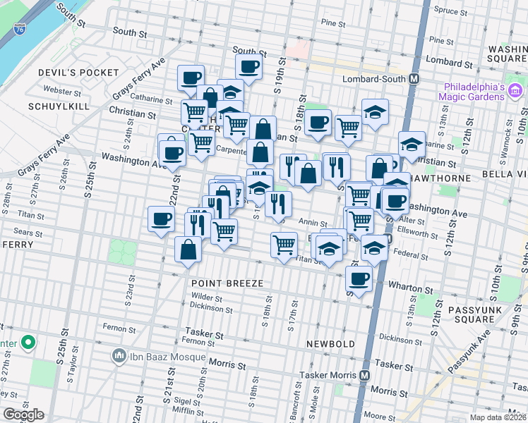 map of restaurants, bars, coffee shops, grocery stores, and more near 1141 South Cleveland Street in Philadelphia