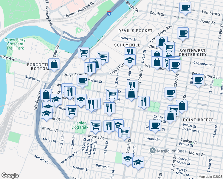 map of restaurants, bars, coffee shops, grocery stores, and more near 2737 Titan Street in Philadelphia