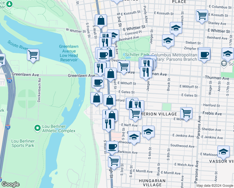 map of restaurants, bars, coffee shops, grocery stores, and more near 27 East Gates Street in Columbus