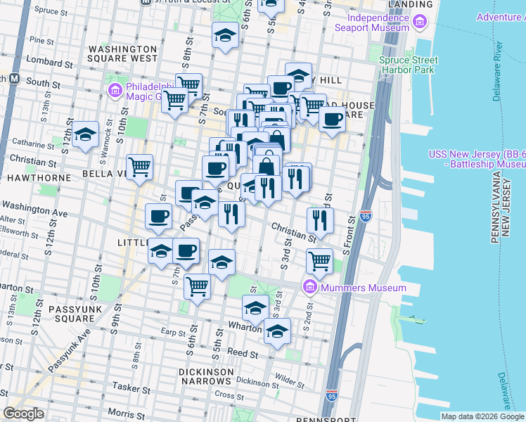 map of restaurants, bars, coffee shops, grocery stores, and more near 342 Queen Street in Philadelphia