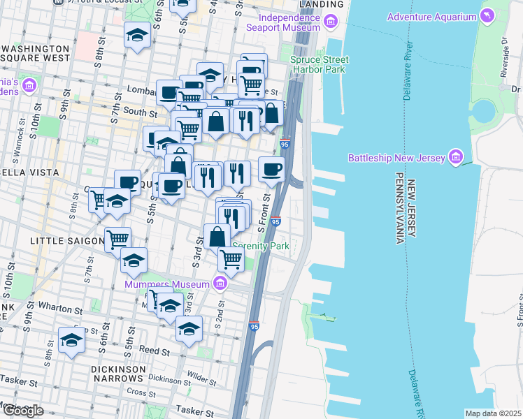 map of restaurants, bars, coffee shops, grocery stores, and more near 796 South Front Street in Philadelphia