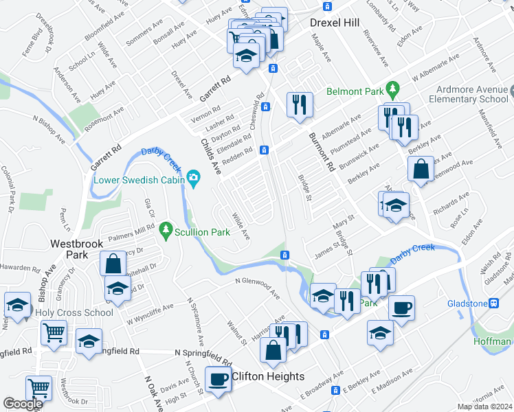 map of restaurants, bars, coffee shops, grocery stores, and more near 4017 Brunswick Avenue in Upper Darby