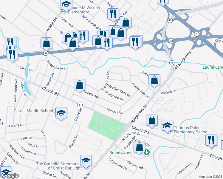 map of restaurants, bars, coffee shops, grocery stores, and more near 117 Weather Vane Drive in Cherry Hill