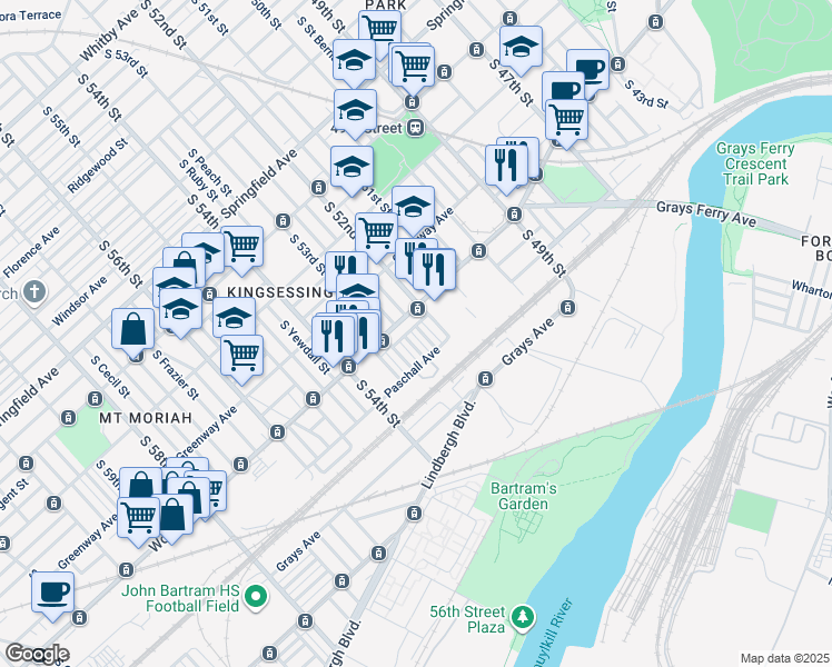 map of restaurants, bars, coffee shops, grocery stores, and more near 1618 South Wilton Street in Philadelphia