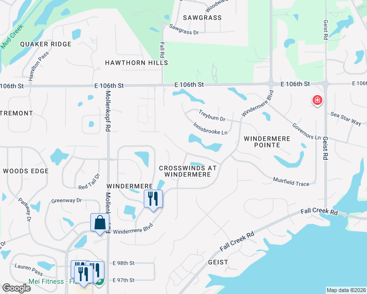 map of restaurants, bars, coffee shops, grocery stores, and more near 10888 Fairwoods Drive in Fishers