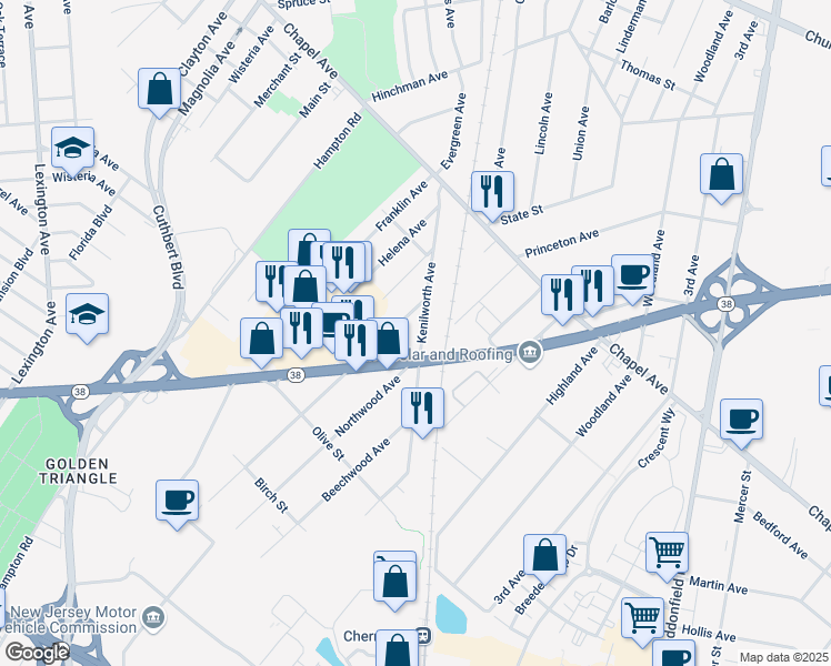 map of restaurants, bars, coffee shops, grocery stores, and more near 632 Kenilworth Avenue in Cherry Hill