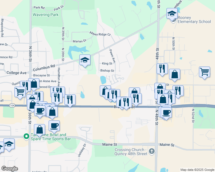 map of restaurants, bars, coffee shops, grocery stores, and more near 622 Pawn Avenue in Quincy