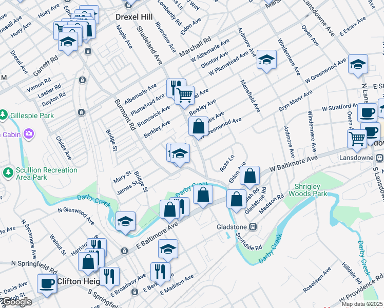 map of restaurants, bars, coffee shops, grocery stores, and more near 129 Abbey Terrace in Drexel Hill