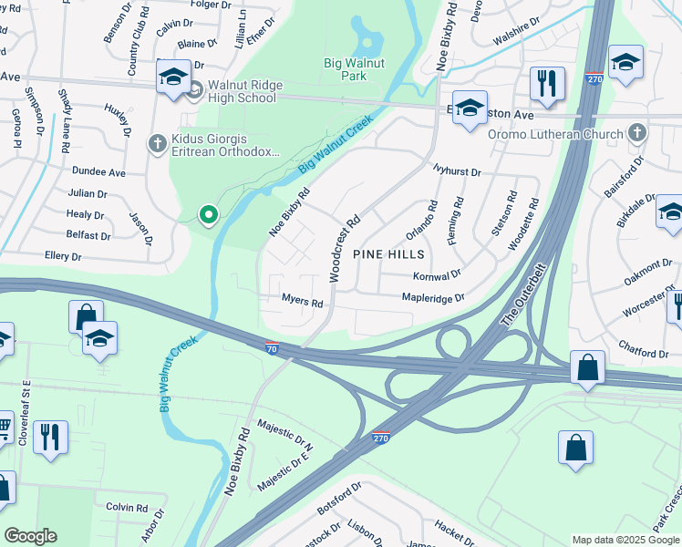 map of restaurants, bars, coffee shops, grocery stores, and more near 1924 Woodcrest Road in Columbus