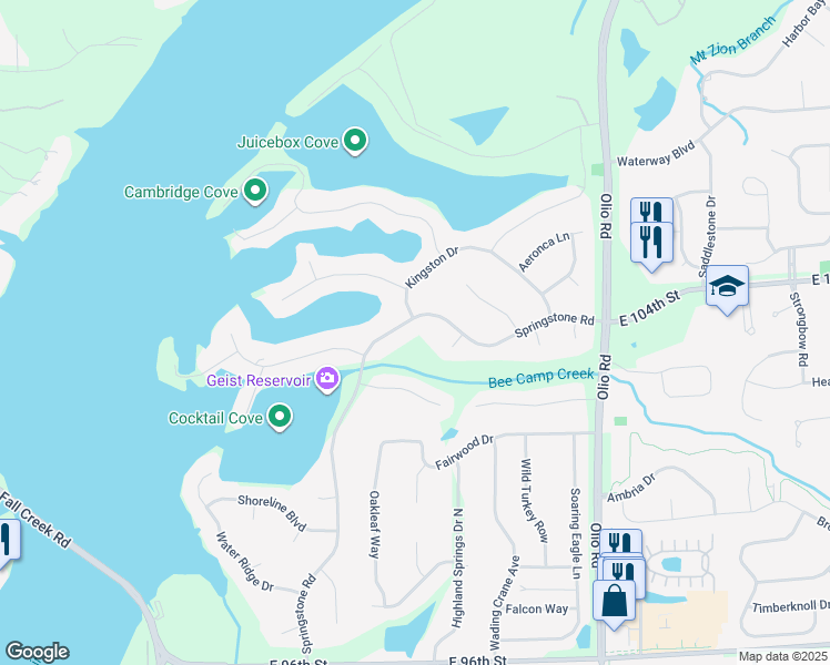 map of restaurants, bars, coffee shops, grocery stores, and more near 10226 Springstone Road in McCordsville