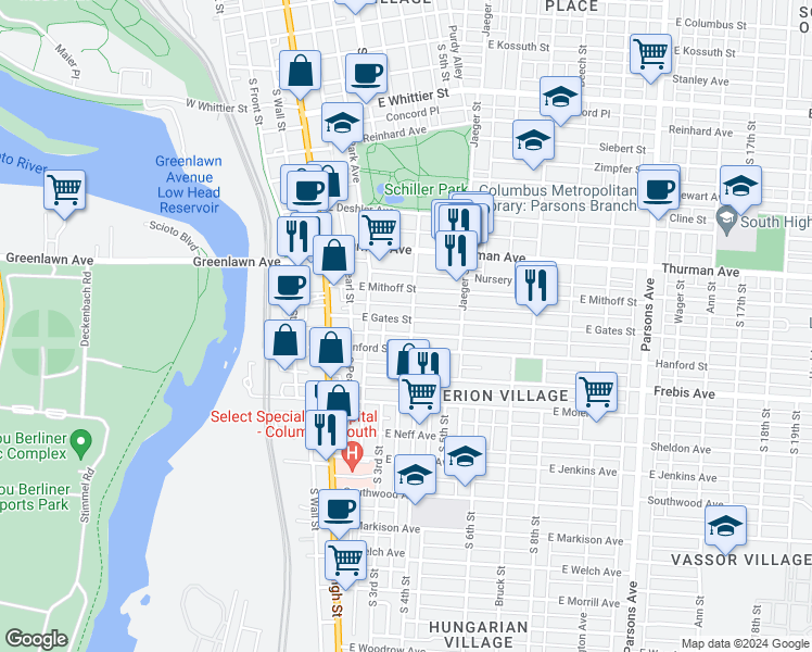 map of restaurants, bars, coffee shops, grocery stores, and more near 99 East Gates Street in Columbus