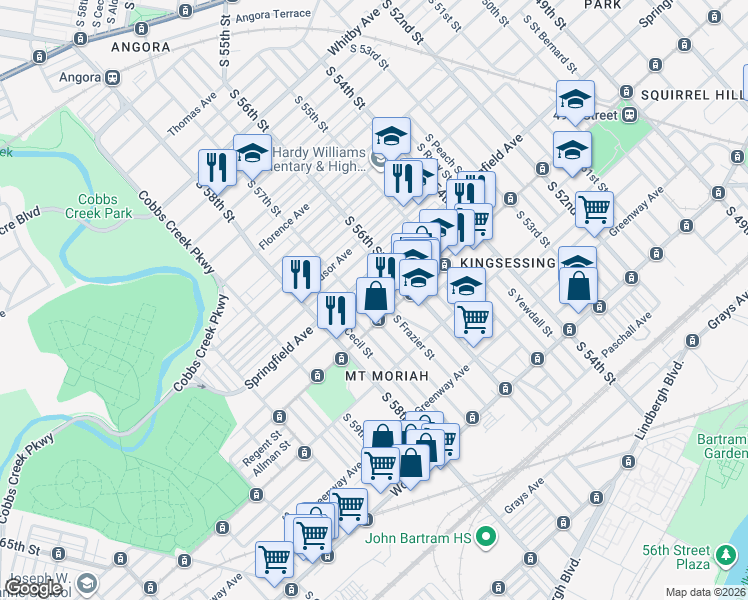 map of restaurants, bars, coffee shops, grocery stores, and more near 1811 South 57th Street in Philadelphia