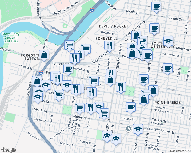 map of restaurants, bars, coffee shops, grocery stores, and more near in Philadelphia