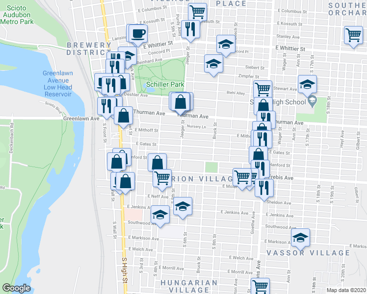 map of restaurants, bars, coffee shops, grocery stores, and more near 185 East Gates Street in Columbus