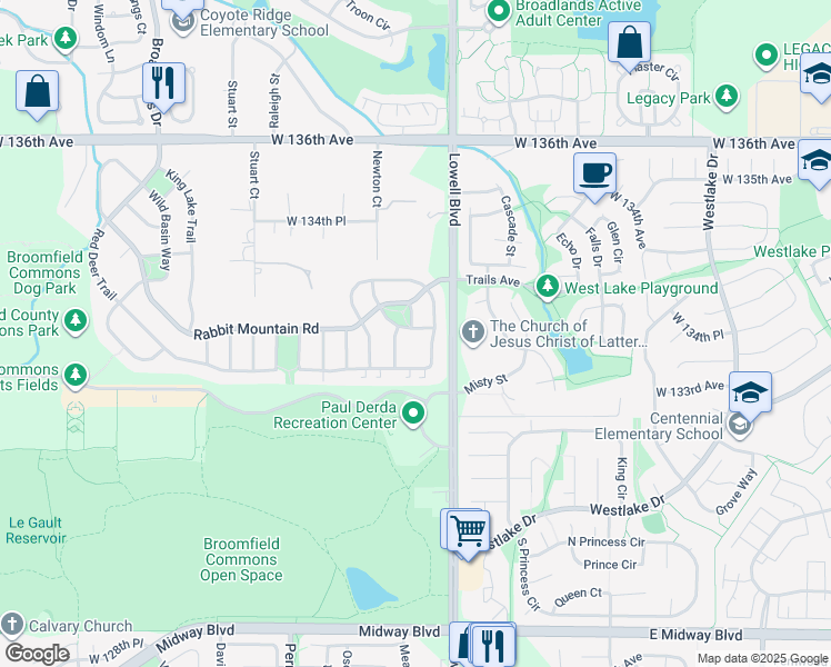 map of restaurants, bars, coffee shops, grocery stores, and more near 3702 Glacier Rim Trail in Broomfield