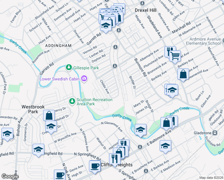 map of restaurants, bars, coffee shops, grocery stores, and more near 4015 Brunswick Avenue in Drexel Hill