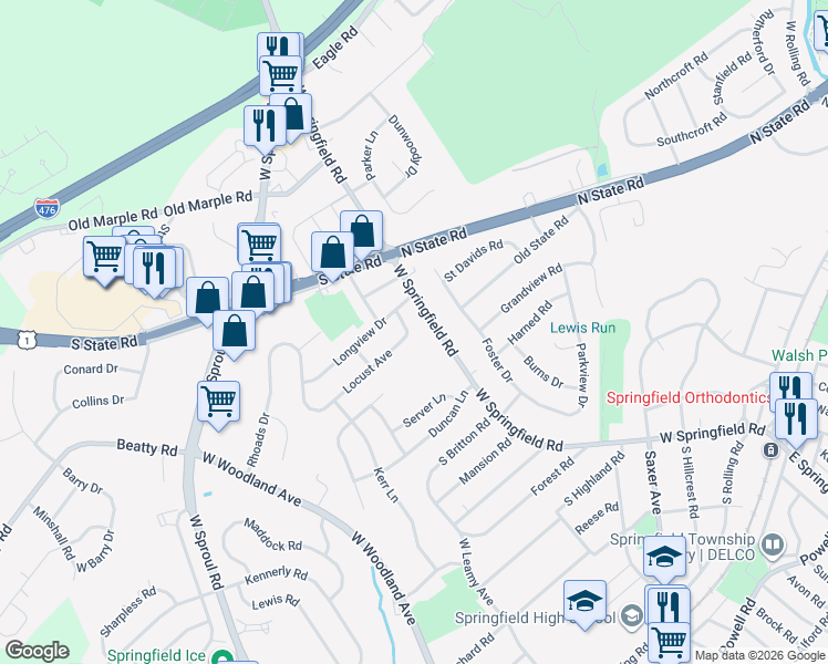 map of restaurants, bars, coffee shops, grocery stores, and more near 19 Locust Avenue in Springfield