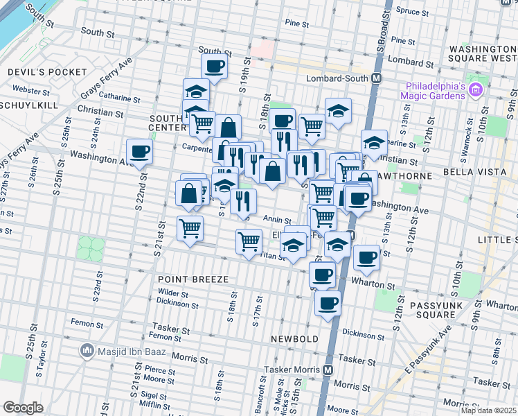 map of restaurants, bars, coffee shops, grocery stores, and more near 1730 Ellsworth Street in Philadelphia