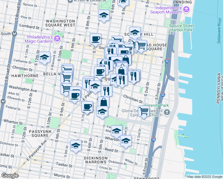 map of restaurants, bars, coffee shops, grocery stores, and more near 441 Christian Street in Philadelphia