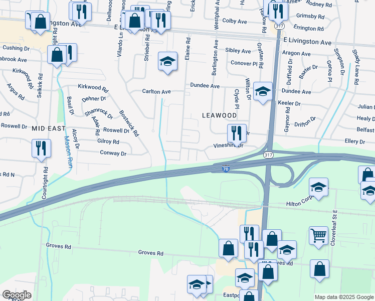 map of restaurants, bars, coffee shops, grocery stores, and more near 4055 Vineshire Drive in Columbus