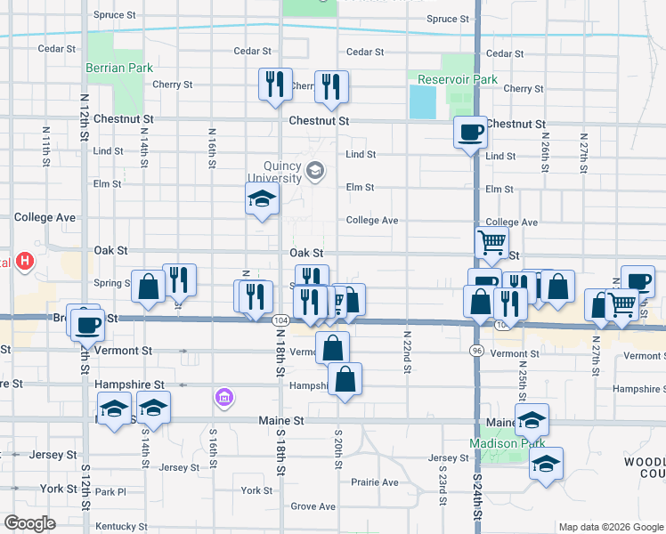 map of restaurants, bars, coffee shops, grocery stores, and more near 523 North 20th Street in Quincy