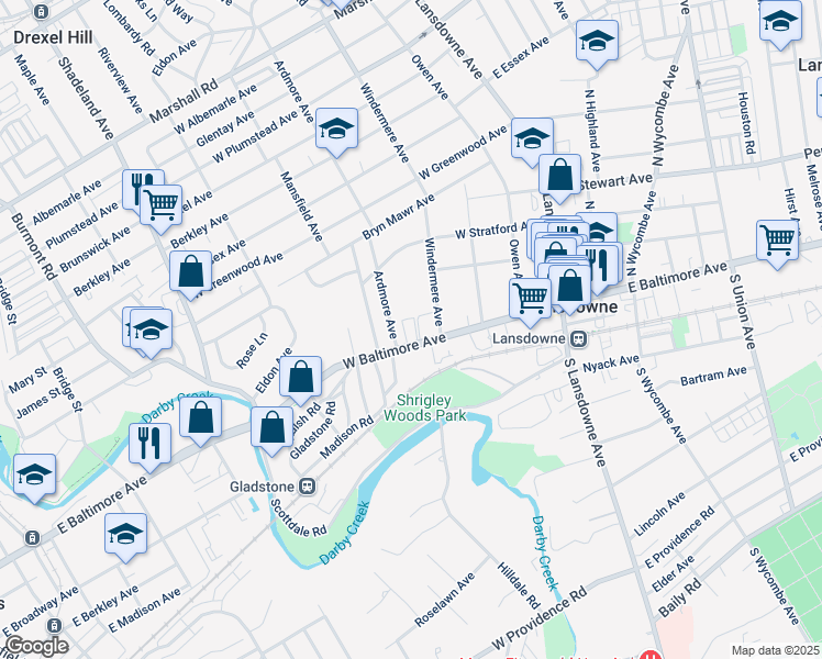 map of restaurants, bars, coffee shops, grocery stores, and more near 119 West Baltimore Avenue in Lansdowne