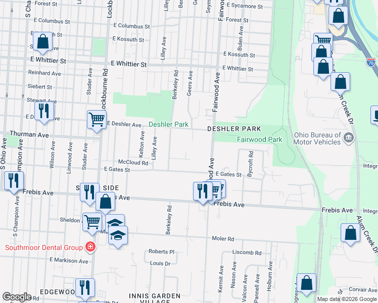 map of restaurants, bars, coffee shops, grocery stores, and more near 1428 Geers Place in Columbus