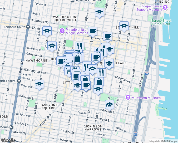 map of restaurants, bars, coffee shops, grocery stores, and more near in Philadelphia