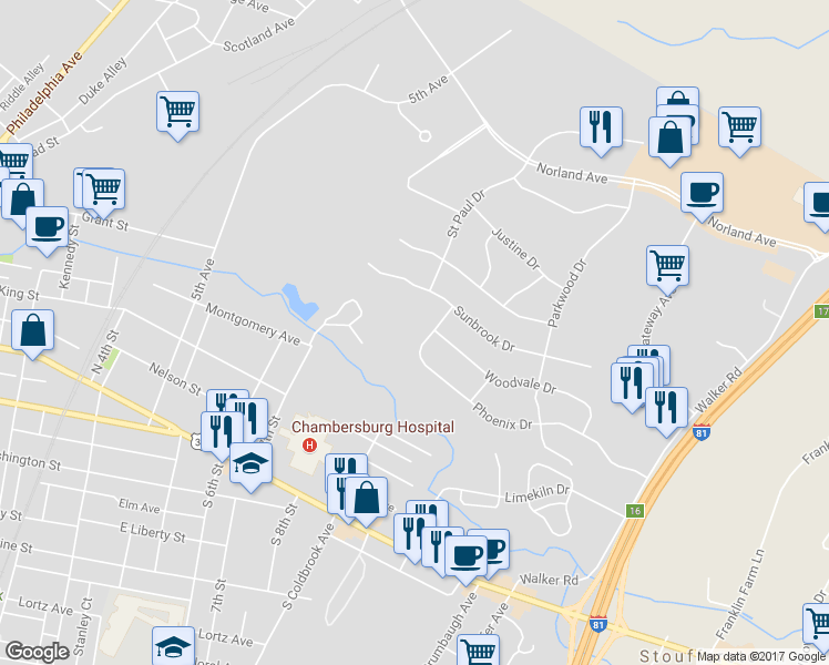 map of restaurants, bars, coffee shops, grocery stores, and more near 206 Phoenix Drive in Chambersburg