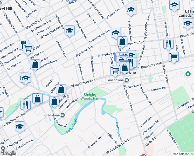 map of restaurants, bars, coffee shops, grocery stores, and more near 5 Windermere Avenue in Lansdowne