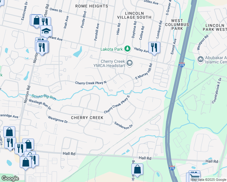 map of restaurants, bars, coffee shops, grocery stores, and more near 711 Cherry Hollow Road in Columbus