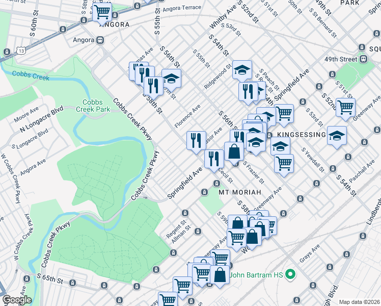 map of restaurants, bars, coffee shops, grocery stores, and more near 1710 South 58th Street in Philadelphia
