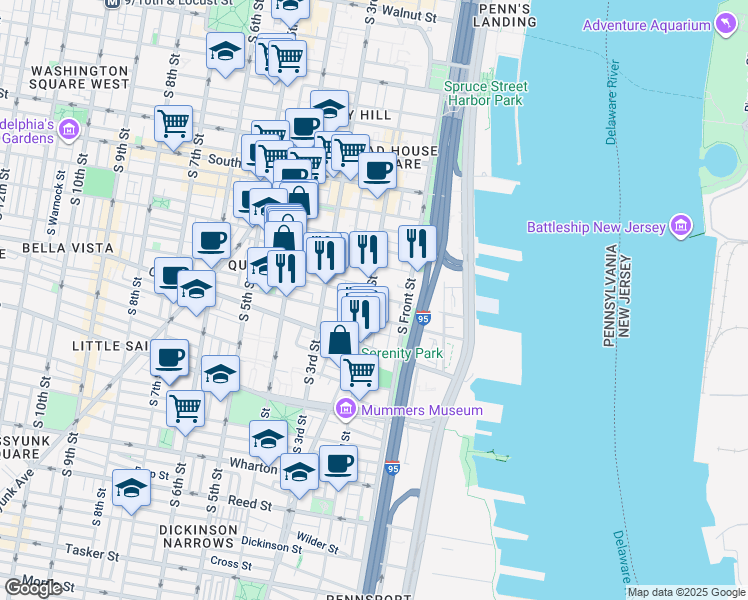 map of restaurants, bars, coffee shops, grocery stores, and more near 801 South 2nd Street in Philadelphia