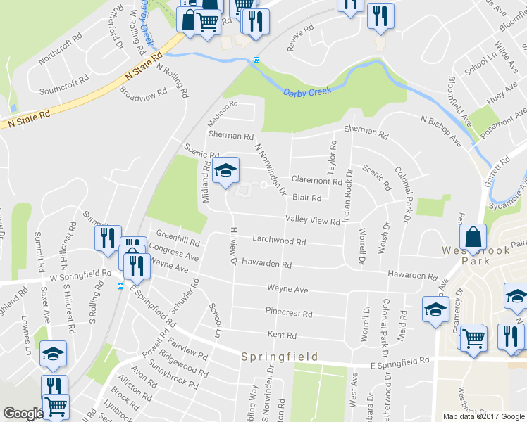 map of restaurants, bars, coffee shops, grocery stores, and more near 349 Valley View Road in Springfield