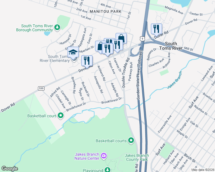map of restaurants, bars, coffee shops, grocery stores, and more near 26 Amherst Road in Toms River