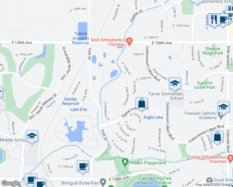 map of restaurants, bars, coffee shops, grocery stores, and more near 13394 Elizabeth Court in Thornton