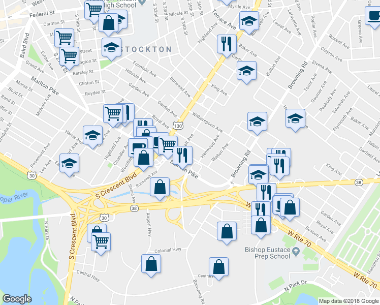 map of restaurants, bars, coffee shops, grocery stores, and more near 4119 Beacon Avenue in Merchantville