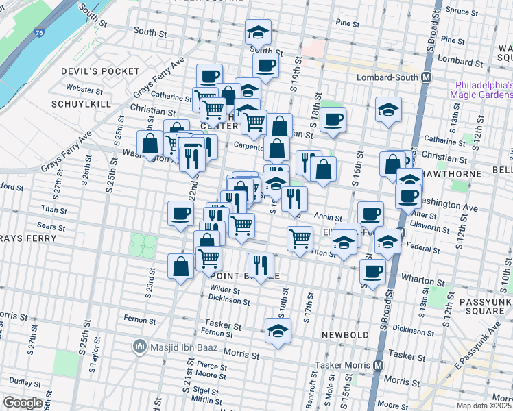 map of restaurants, bars, coffee shops, grocery stores, and more near 1938 Annin Street in Philadelphia