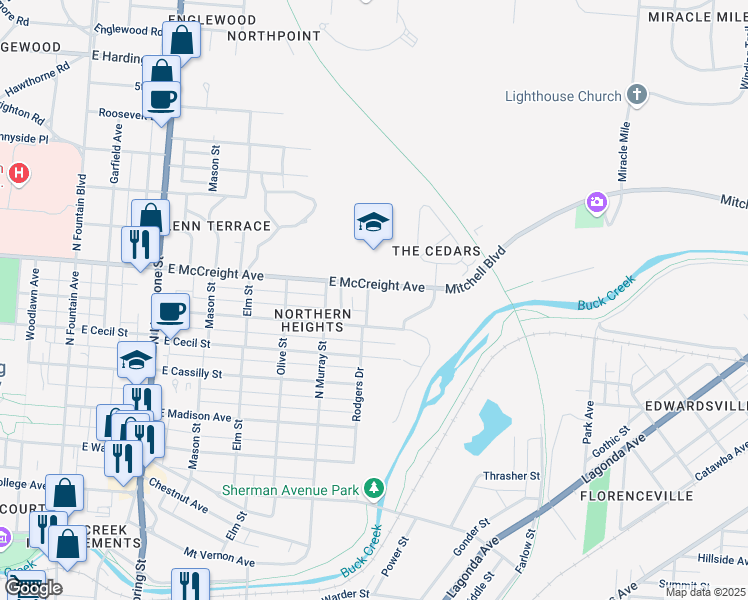 map of restaurants, bars, coffee shops, grocery stores, and more near 1126 Rodgers Drive in Springfield