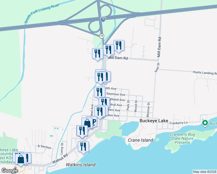 map of restaurants, bars, coffee shops, grocery stores, and more near 43 6th Avenue in Buckeye Lake
