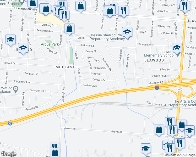 map of restaurants, bars, coffee shops, grocery stores, and more near 3814 Conway Drive in Columbus
