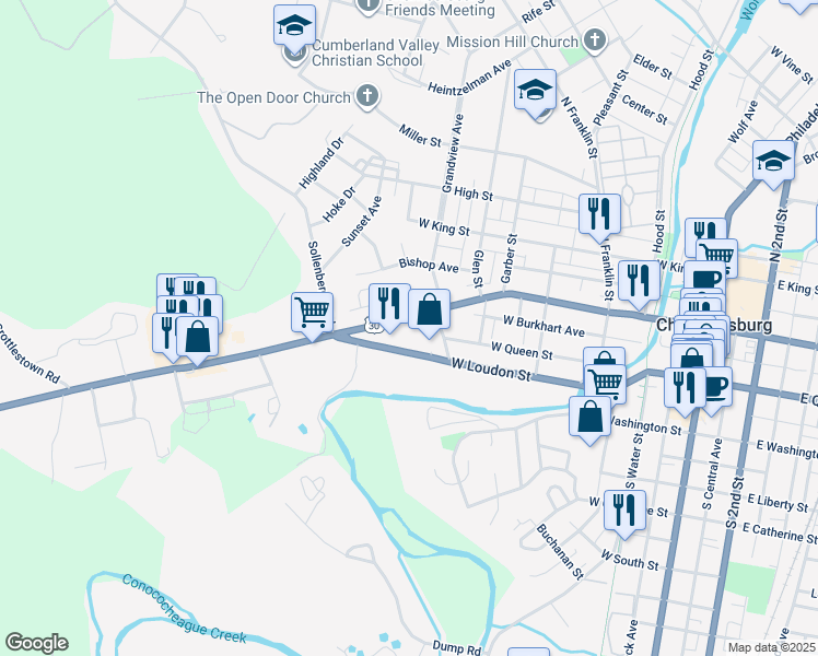 map of restaurants, bars, coffee shops, grocery stores, and more near 618 Lincoln Way West in Chambersburg