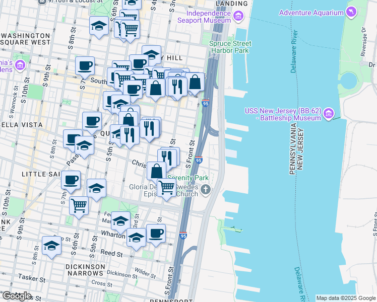 map of restaurants, bars, coffee shops, grocery stores, and more near 115 Catharine Street in Philadelphia