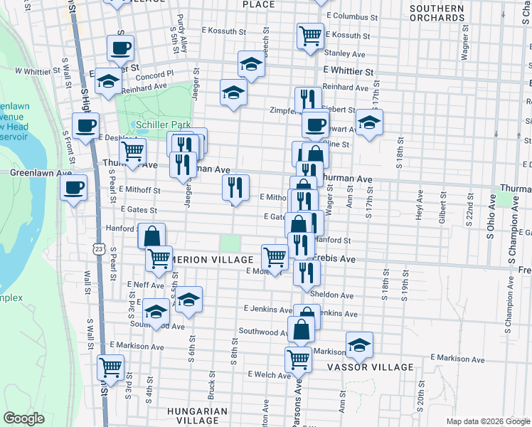 map of restaurants, bars, coffee shops, grocery stores, and more near 358 East Gates Street in Columbus