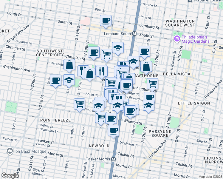 map of restaurants, bars, coffee shops, grocery stores, and more near 1518 Alter Street in Philadelphia