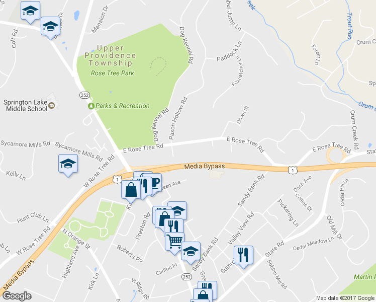 map of restaurants, bars, coffee shops, grocery stores, and more near 230 East Rose Tree Road in Media