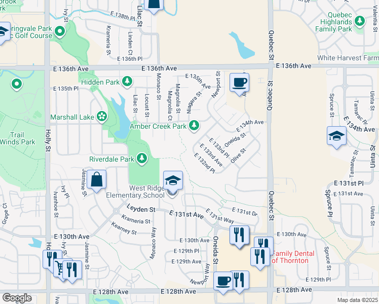 map of restaurants, bars, coffee shops, grocery stores, and more near 6820 East 132nd Place in Thornton