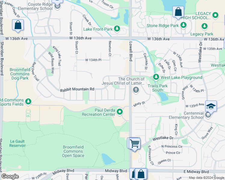map of restaurants, bars, coffee shops, grocery stores, and more near 3842 Rabbit Mountain Road in Broomfield